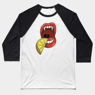 Mouth with vampire teeth about to take a bite into a slice of a sour lemon Baseball T-Shirt